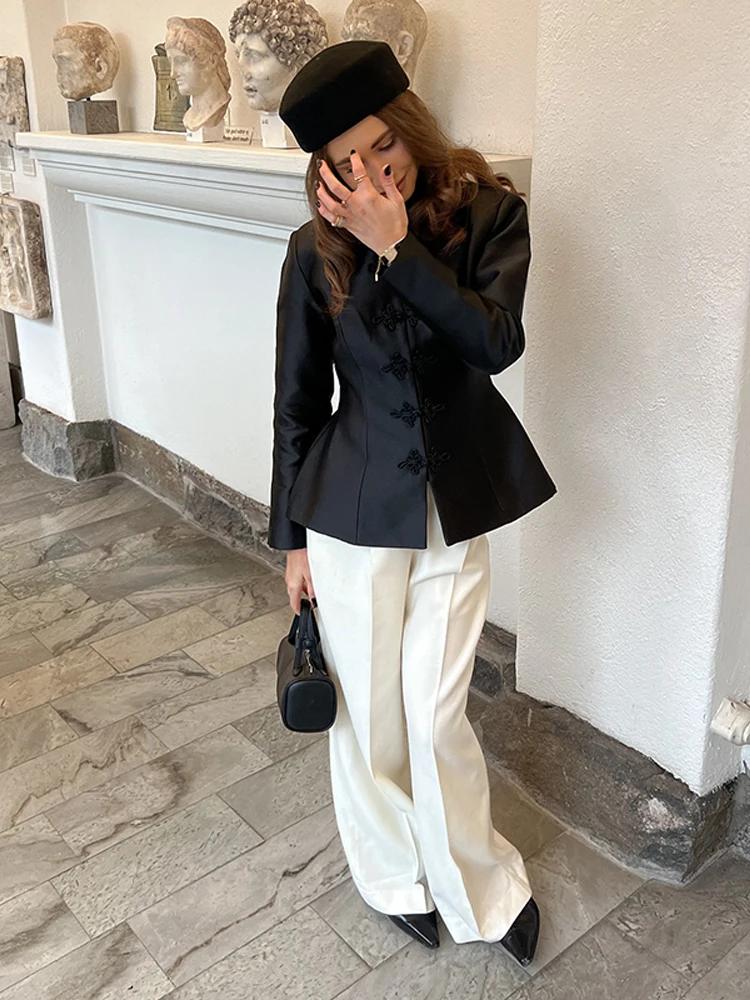 Veste élégante en satin à boutons grenouillère pour femme, col montant chinois, coupe ajustée, colle