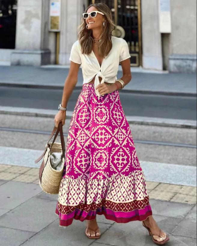 Jupe évasée imprimée à taille élastique pour femme, jupe midi bohème à empiècements, idéale pour la