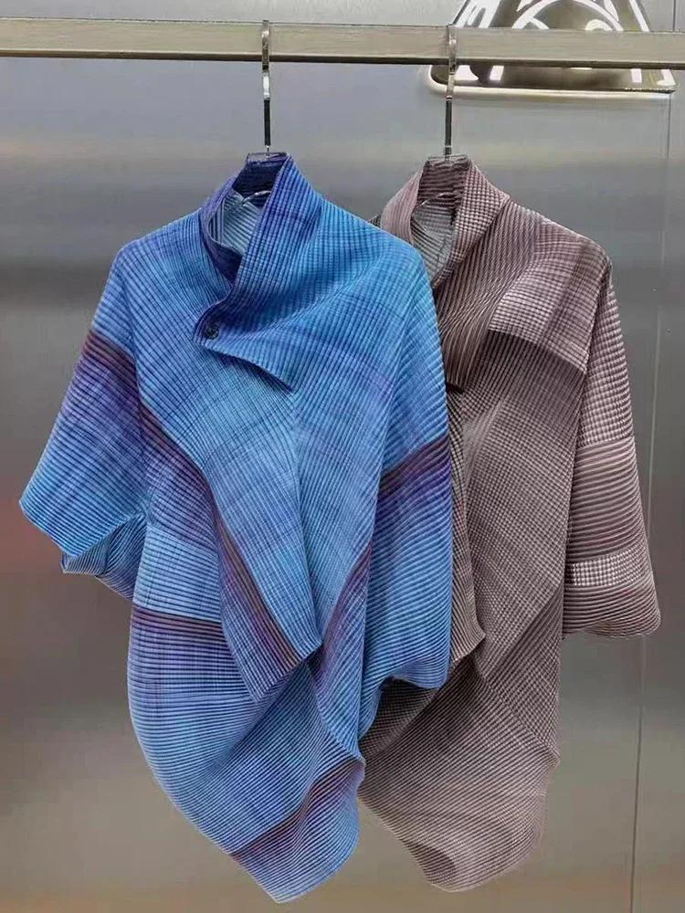 YUDX plissé couleur bloc irrégulier t-shirt femmes revers manches chauve-souris ample mode Chic Styl