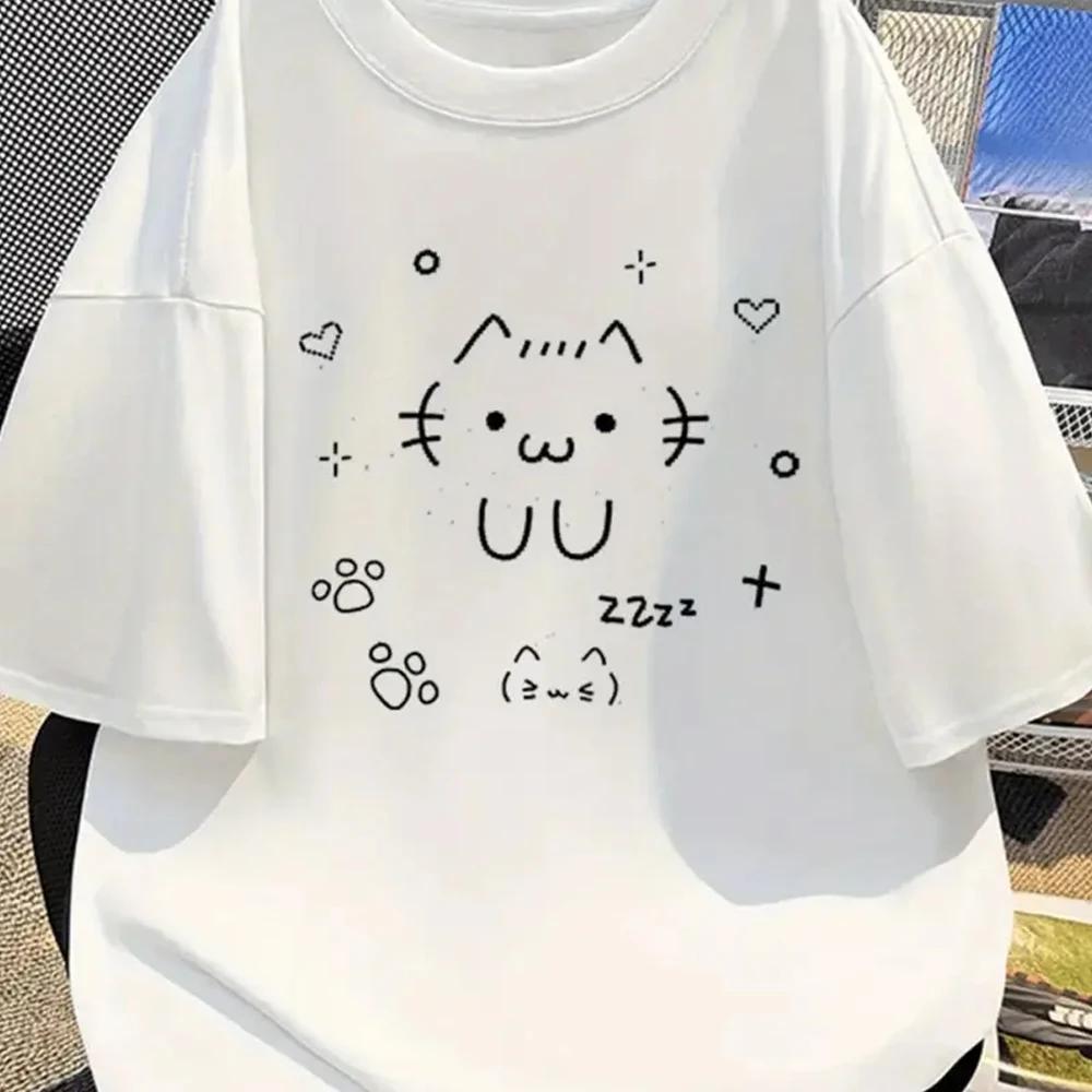 UU dessin animé imprimé mode motif T-shirt décontracté à manches courtes blanc T-shirt mignon chat é