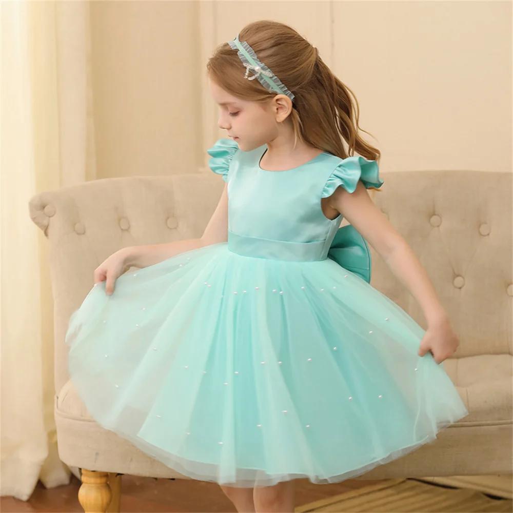 Robe en tulle bleu à dos nu pour petite fille, tenue de fête, princesse, avec nœud papillon