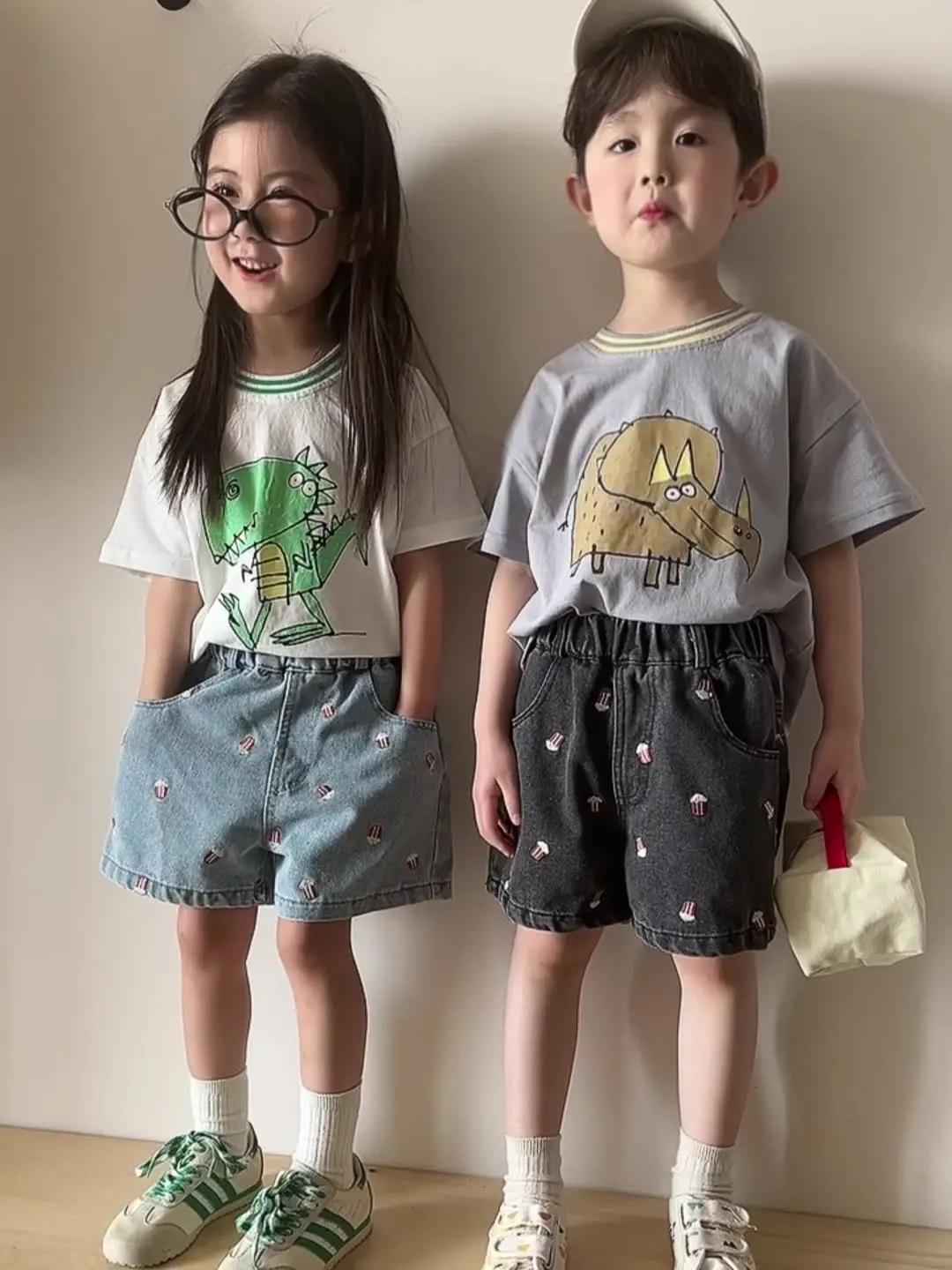 Shorts en jean d'été 2026 pour enfants (80-150 cm) – Broderie Popcorn, taille élastique, décontracté
