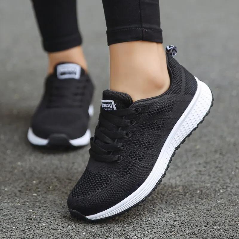 Chaussures décontractées femmes mode - Sneakers plates respirantes maille blanche confortables