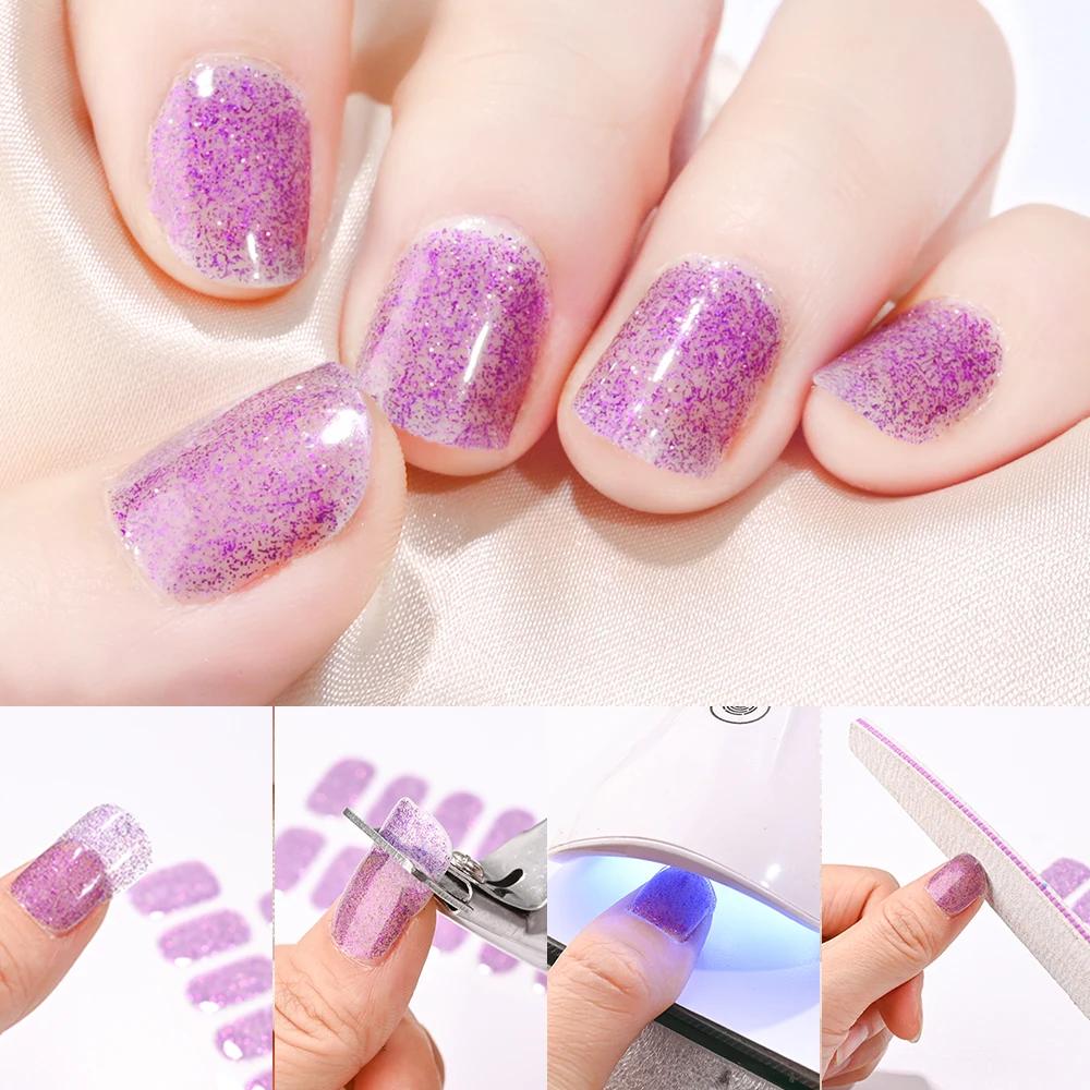 Autocollants pour ongles semi-durcis noirs français, 16 pointes, avec paillettes, Gel UV longue duré