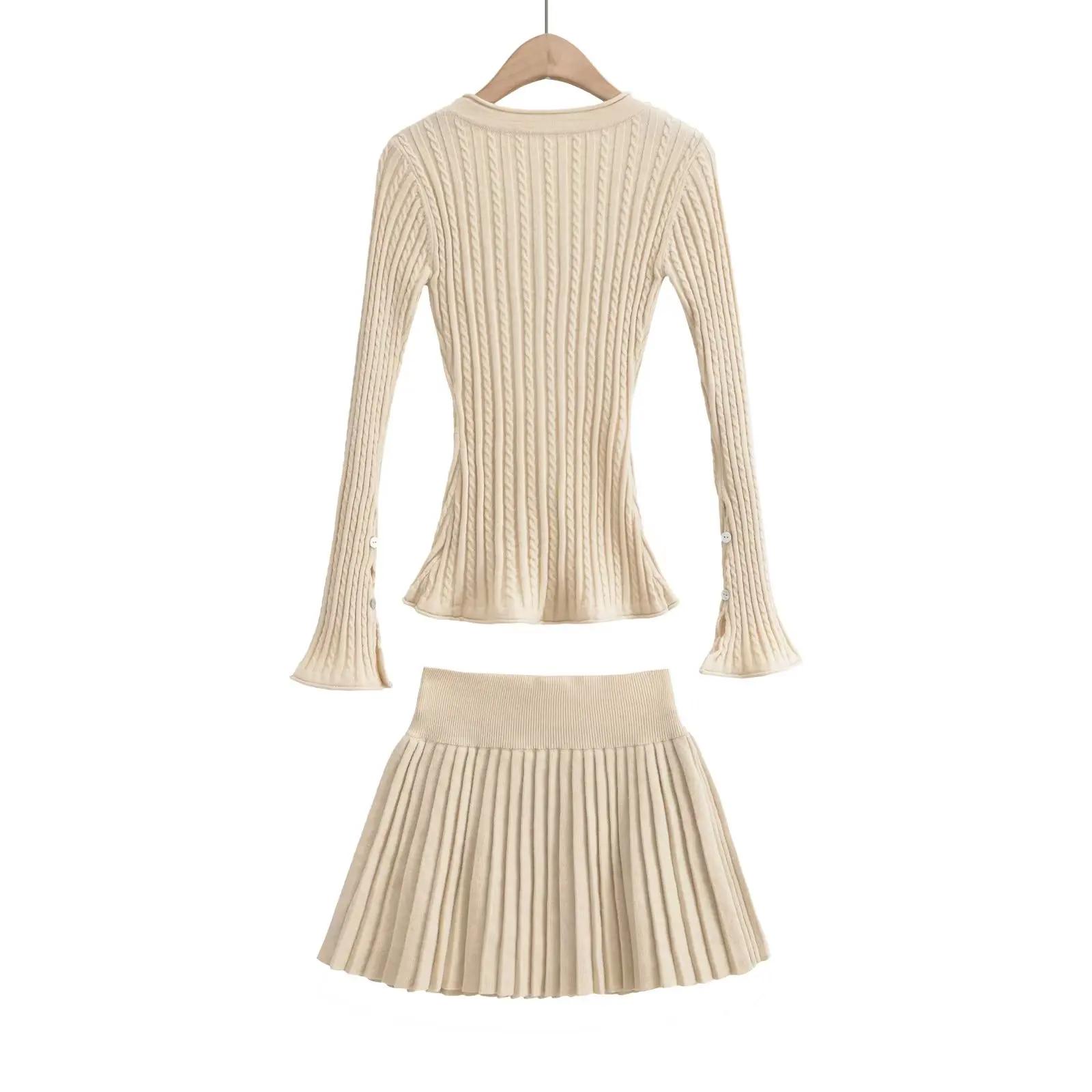 Cardigan en tricot torsadé à col en V pour femmes, taille élastique, mini jupe plissée, olympiques a