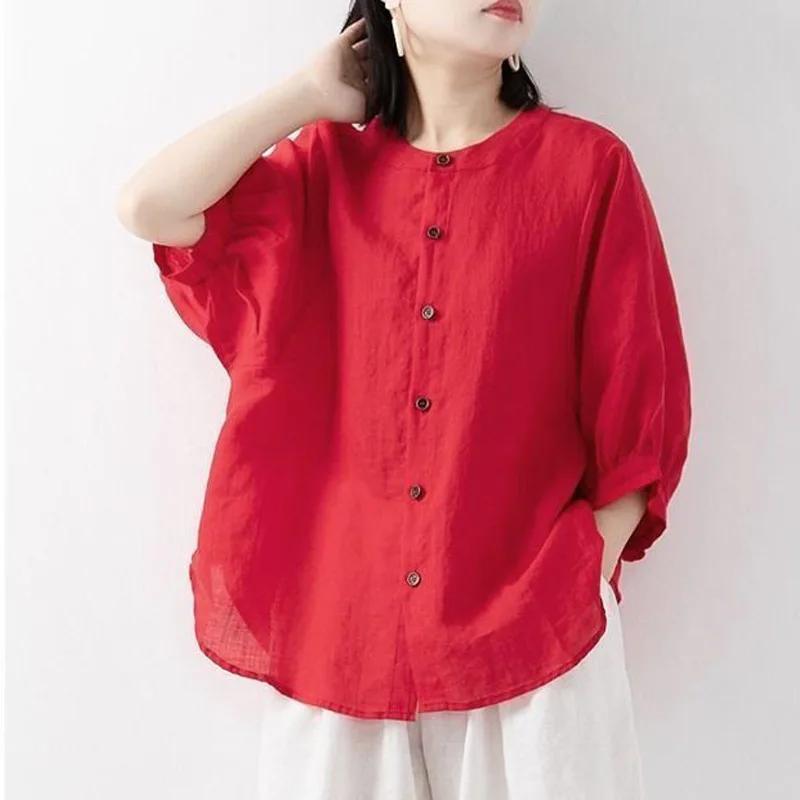 Chemise en coton et lin pour femmes, haut fin, couleur unie, manches lanternes, col montant, ample,