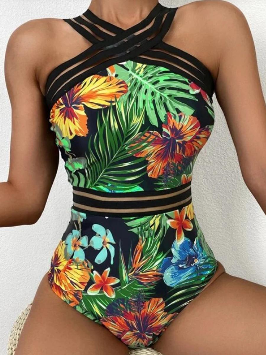 Maillot de bain une pièce avec bande en maille unie, Sexy, col haut, croisé sur le devant, rembourré