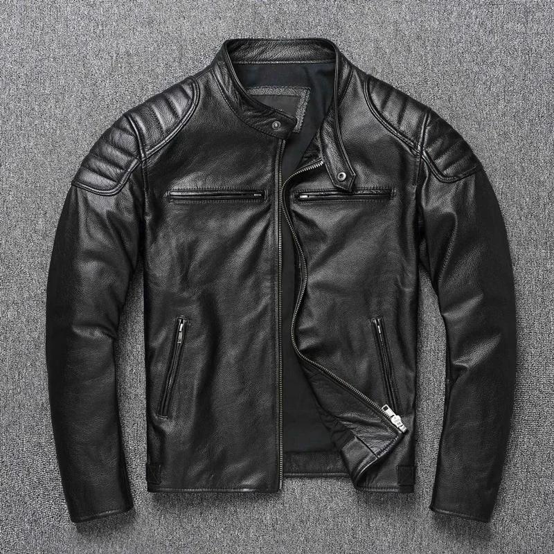 Vintage noir marron véritable peau de vache veste en cuir véritable fourrure hommes veste en cuir Bo