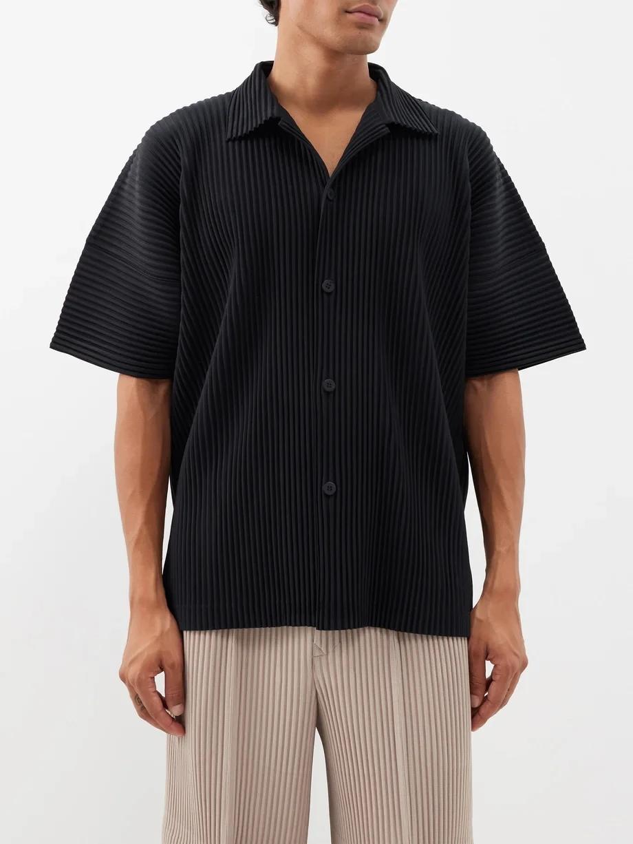 Miyake chemise à revers plissée à manches courtes t-shirt pour hommes chemise unie chemise boutonnée