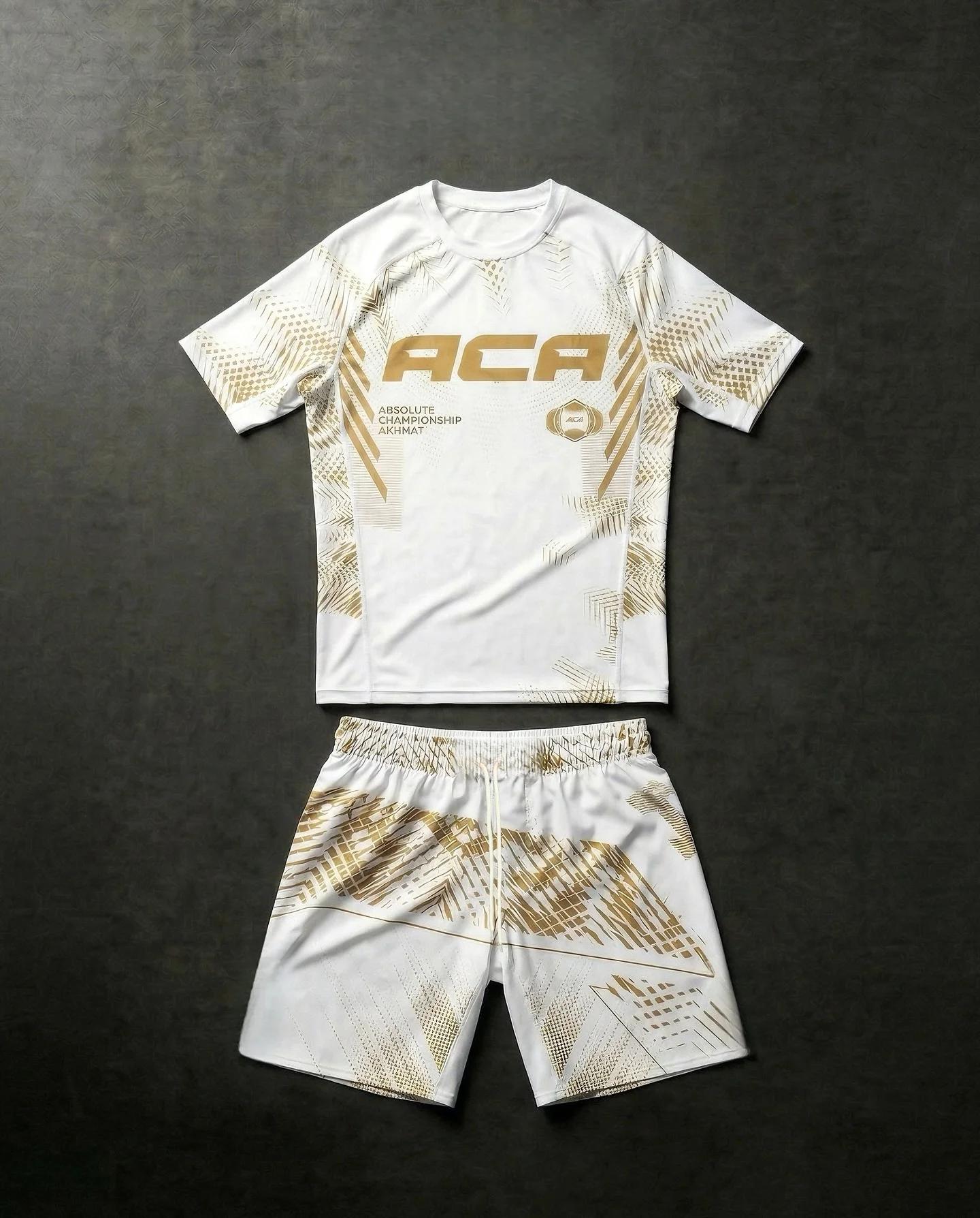 Ensemble de compression pour homme 2026 : Rashguard et short de combat, motif lignes or et blanc, in