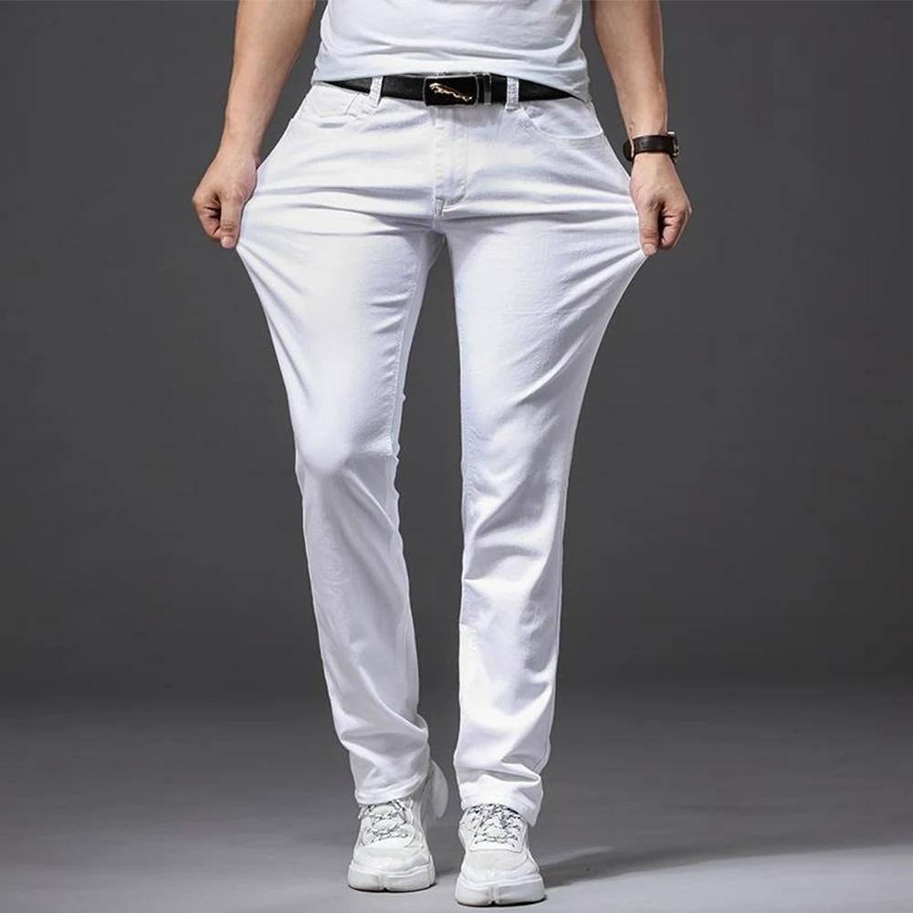 Jean blanc élastique pour hommes, coupe droite, Slim, décontracté, doux, Business, marque classique,