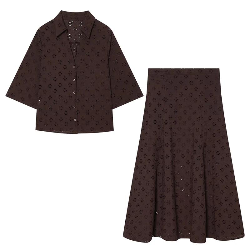 YENKYE Nouvelle jupe midi marron brodée ajourée pour femme 2026, décontractée, taille haute, coupe t