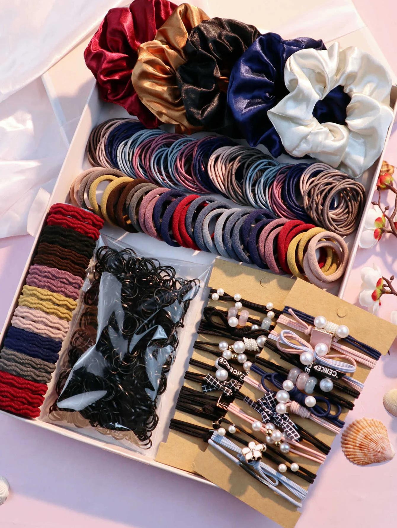 Ensemble d'accessoires pour cheveux foncés pour femmes, 1085 pièces, porte-queue de cheval sans cout