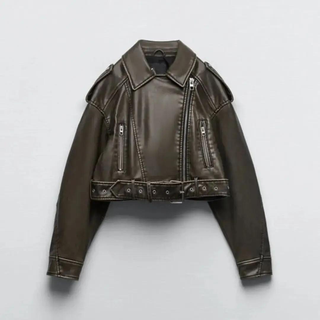 Femmes Vintage ample lavé Faux cuir veste courte Streetwear femme fermeture éclair ceinture Moto Bik