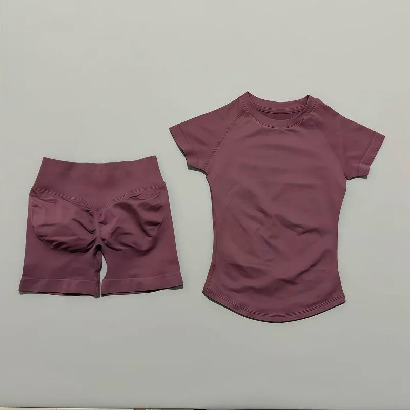 Ensemble de sport 2 pièces pour femme, haut de yoga à manches courtes en tricot sans couture, ensemb