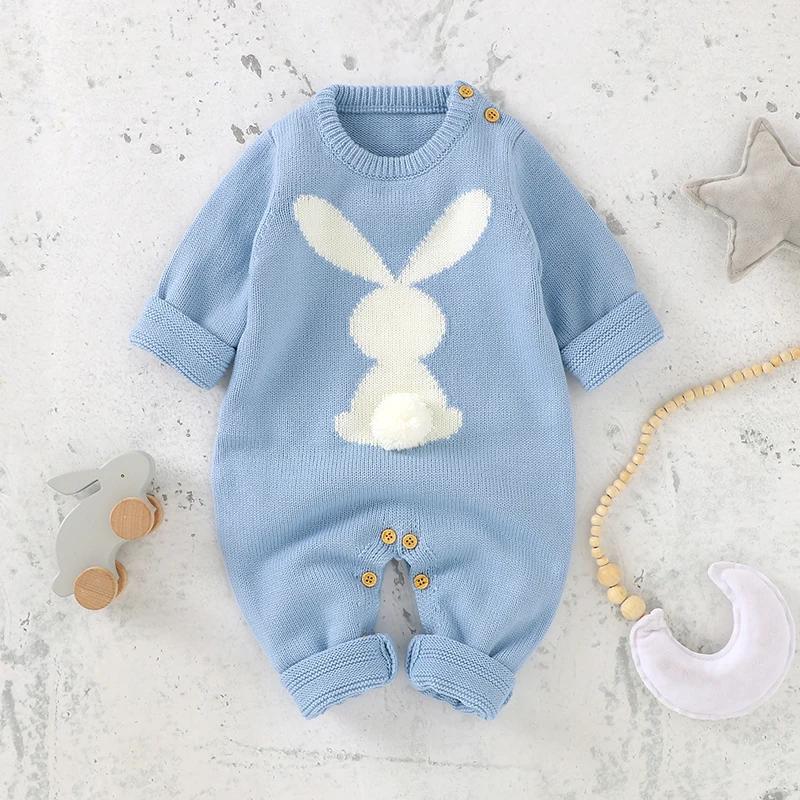 Barboteuse tricotée en forme de lapin pour bébé, vêtements de printemps et d'automne, col rond, manc