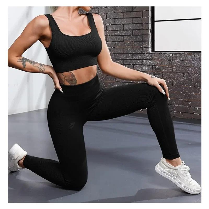 Leggings de yoga en tricot sans couture pour femmes, collants à fil solide, entraînement de gym, cou