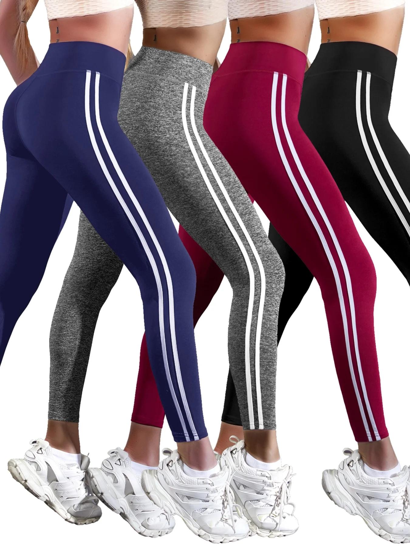 Leggings sport femmes taille haute rayures - Pantalon 4 voies stretch yoga course entraînement fitness