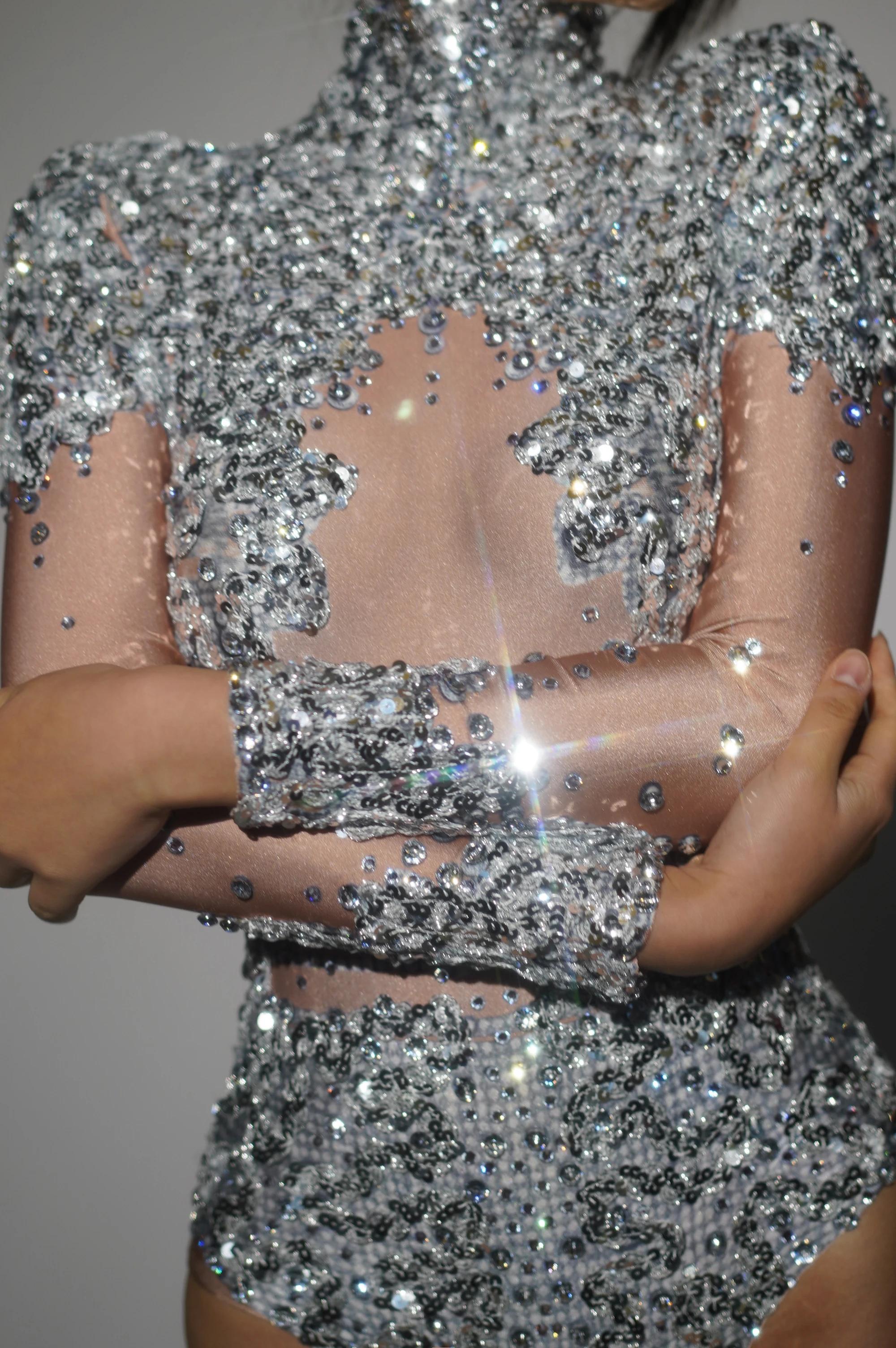 Body extensible à paillettes et strass scintillants pour femmes, Costume de spectacle sur scène pour