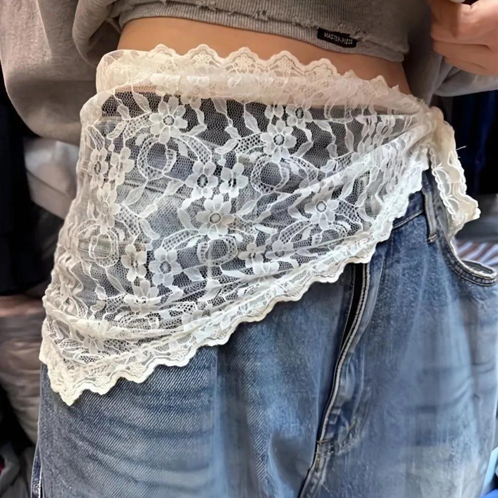 Jeans pantalons décor brodé fleur dentelle Mini jupe irrégulière voir à travers des jupes froncées t