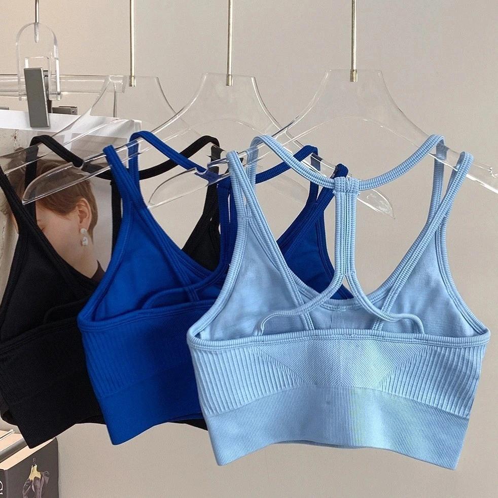 Débardeur de soutien-gorge de sport sans couture, extensible, dos nu, bretelles Spaghetti, avec cous