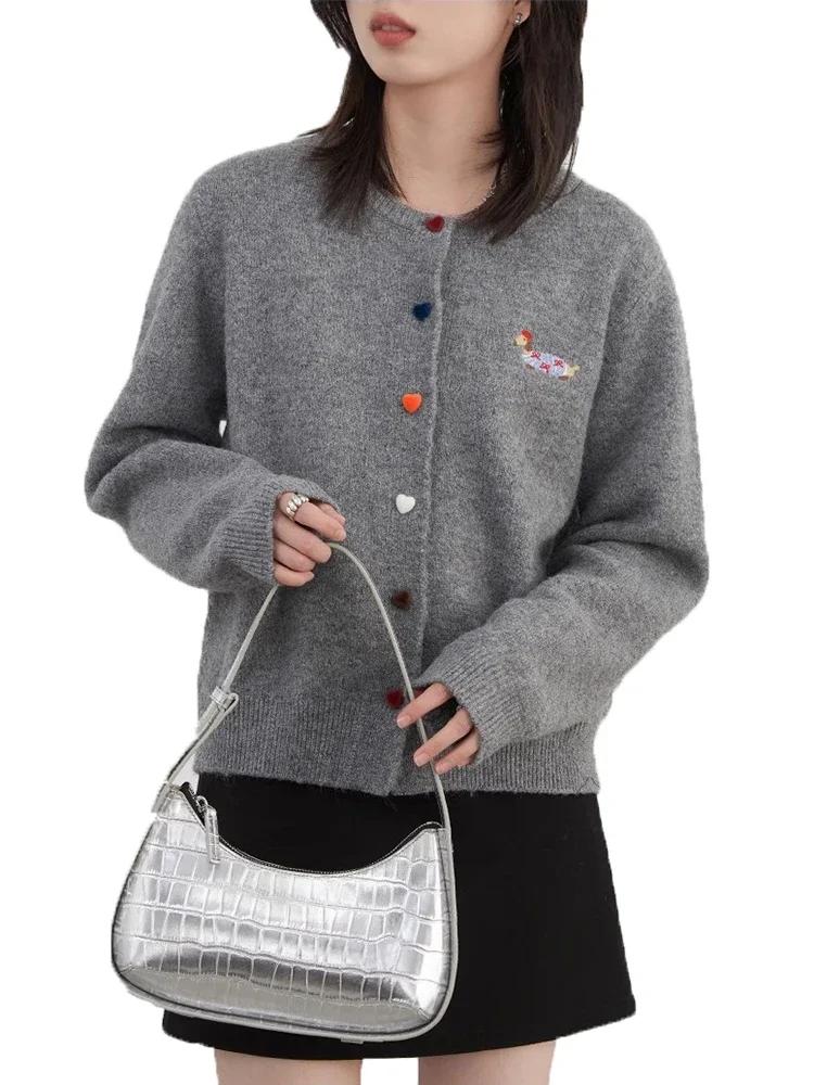 CHIC VEN femmes Cardigan ample décontracté nouveau col rond amour bouton chien broderie tricoté chan