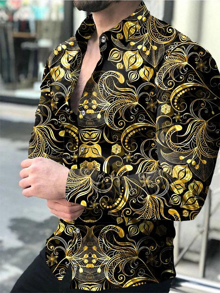 Chemises hawaïennes de luxe à motif doré pour hommes, chemises décontractées à la mode, manches long