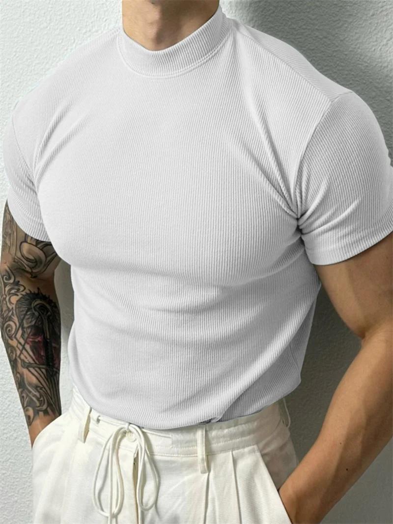 Printemps été mode hommes T-shirt petit col haut chemise à rayures à manches courtes haut de fitness