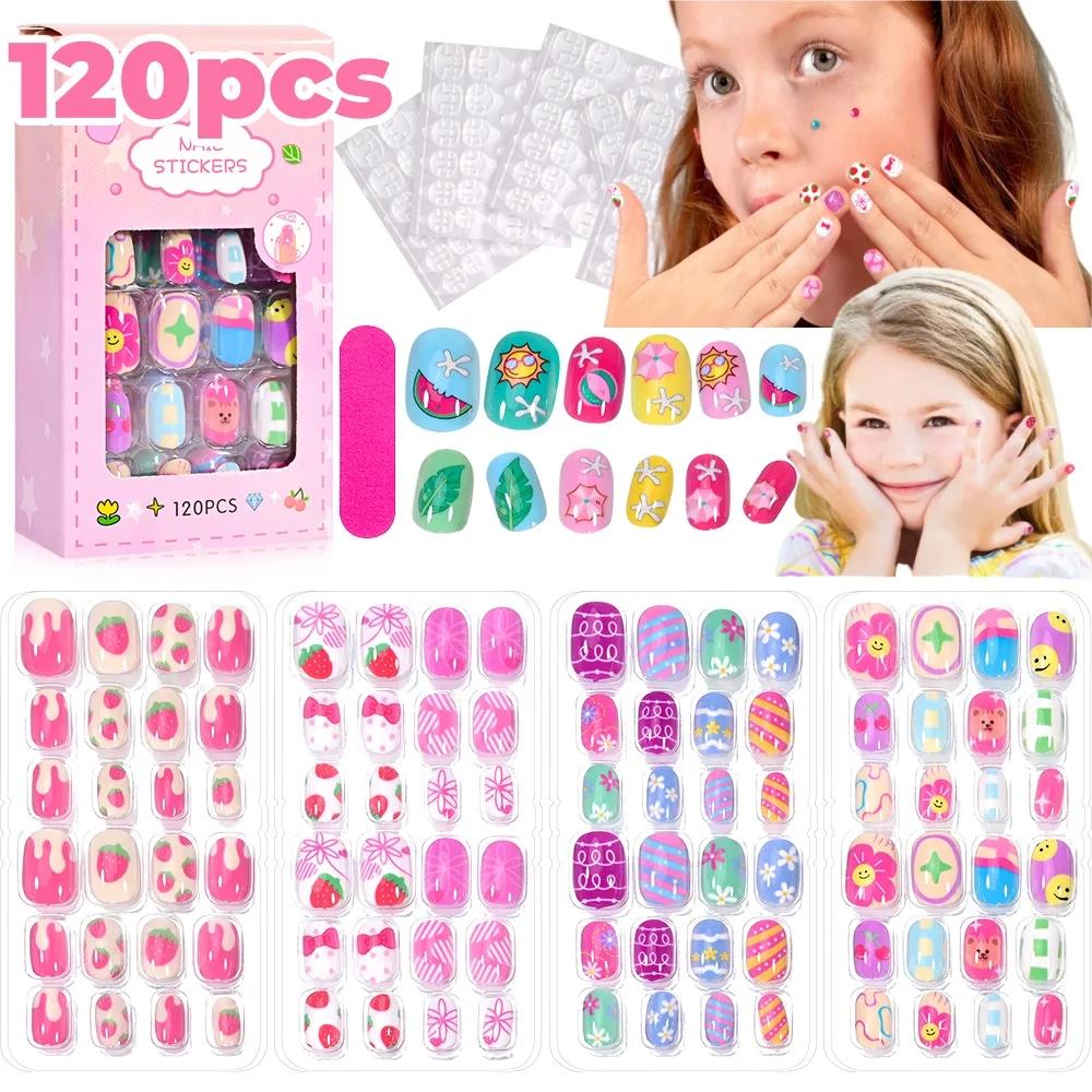 120 pièces enfants presse sur ongles enfants dessin animé acrylique faux ongles conseils Kawaii fill