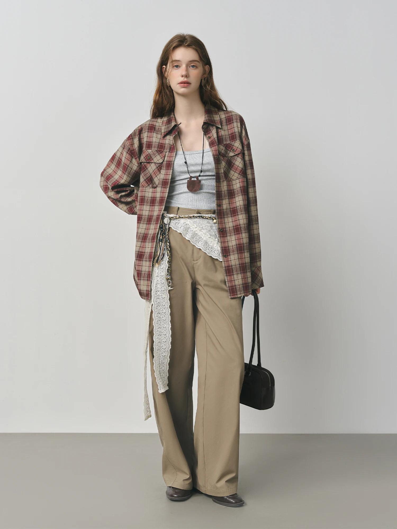FSLE 2025 Pantalon kaki pour femme - Pantalon en coton à jambe droite Coupe décontractée d'automne S