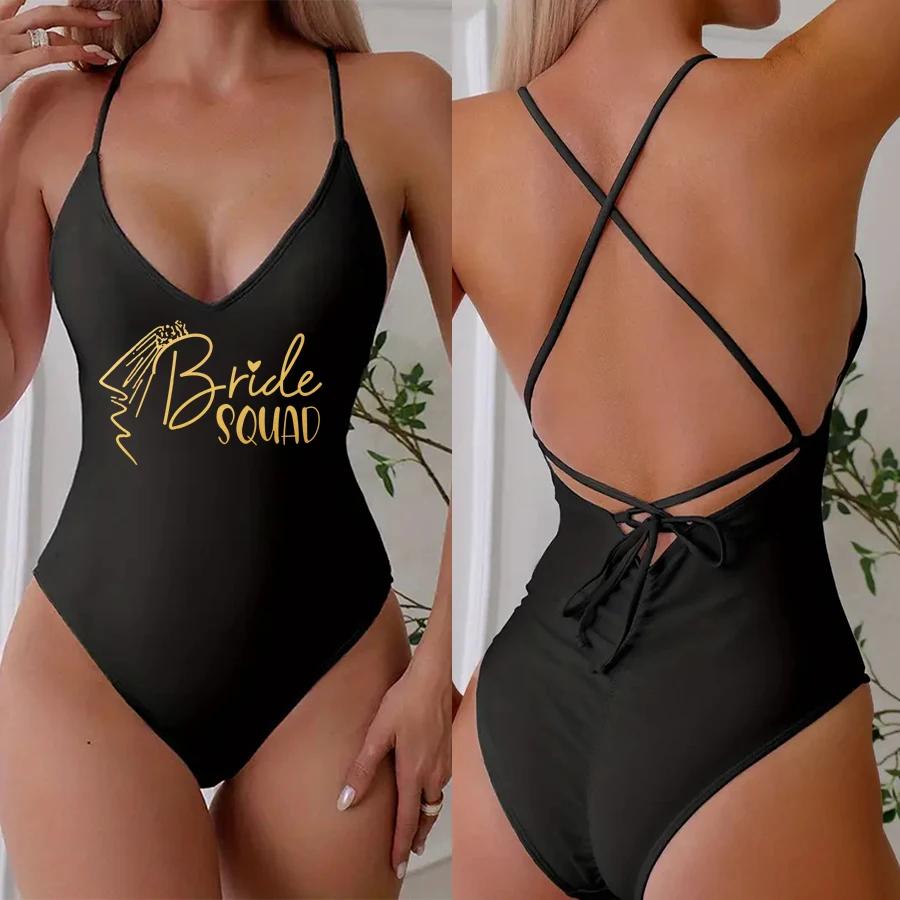Voile rembourré une pièce maillot de bain mariée SQUAD lettre maillot de bain imprimé femmes Bikini