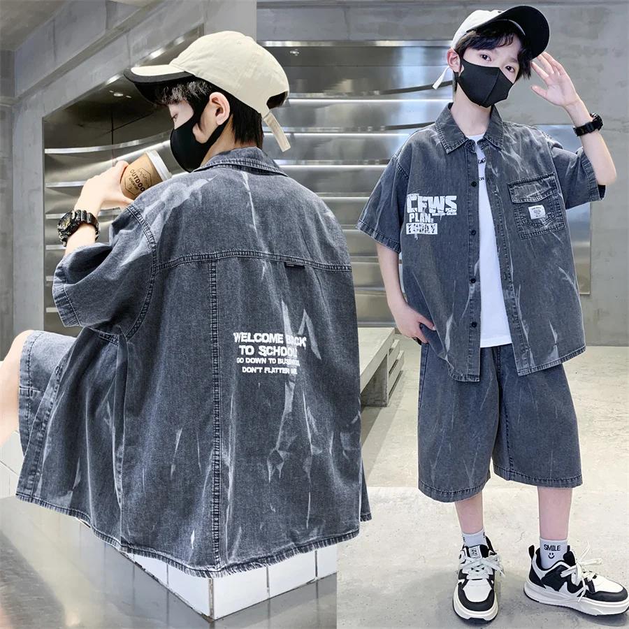 Ensemble d'été cool pour garçons, haut et bas en denim, chemise à manches courtes et short, 2 pièces