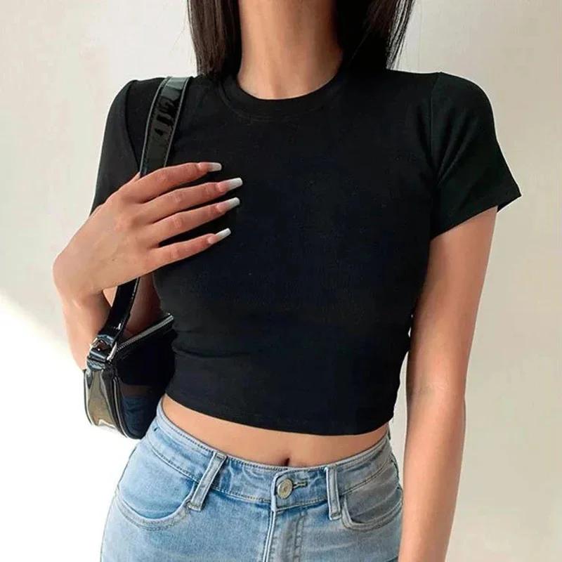 T-Shirt à manches courtes femmes solide Simple décontracté doux tout-Match basique culture hauts t-s
