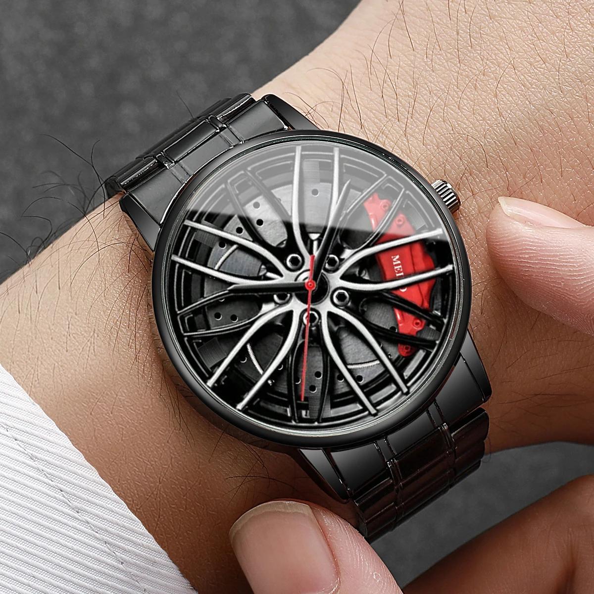 Mode hommes montres de sport 3d roue de voiture bracelet en acier inoxydable montre-bracelet hommes