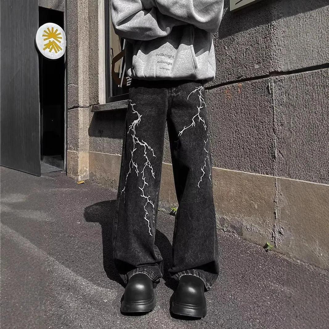 Jean droit ample et polyvalent, Design de rue rétro, Niche brodée d'épines, pantalons décontractés (