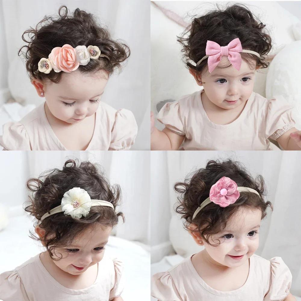 5 pièces/lot bébé élastique en Nylon bandeau nouveau-né belle fleur dentelle arc bandeau pour fille