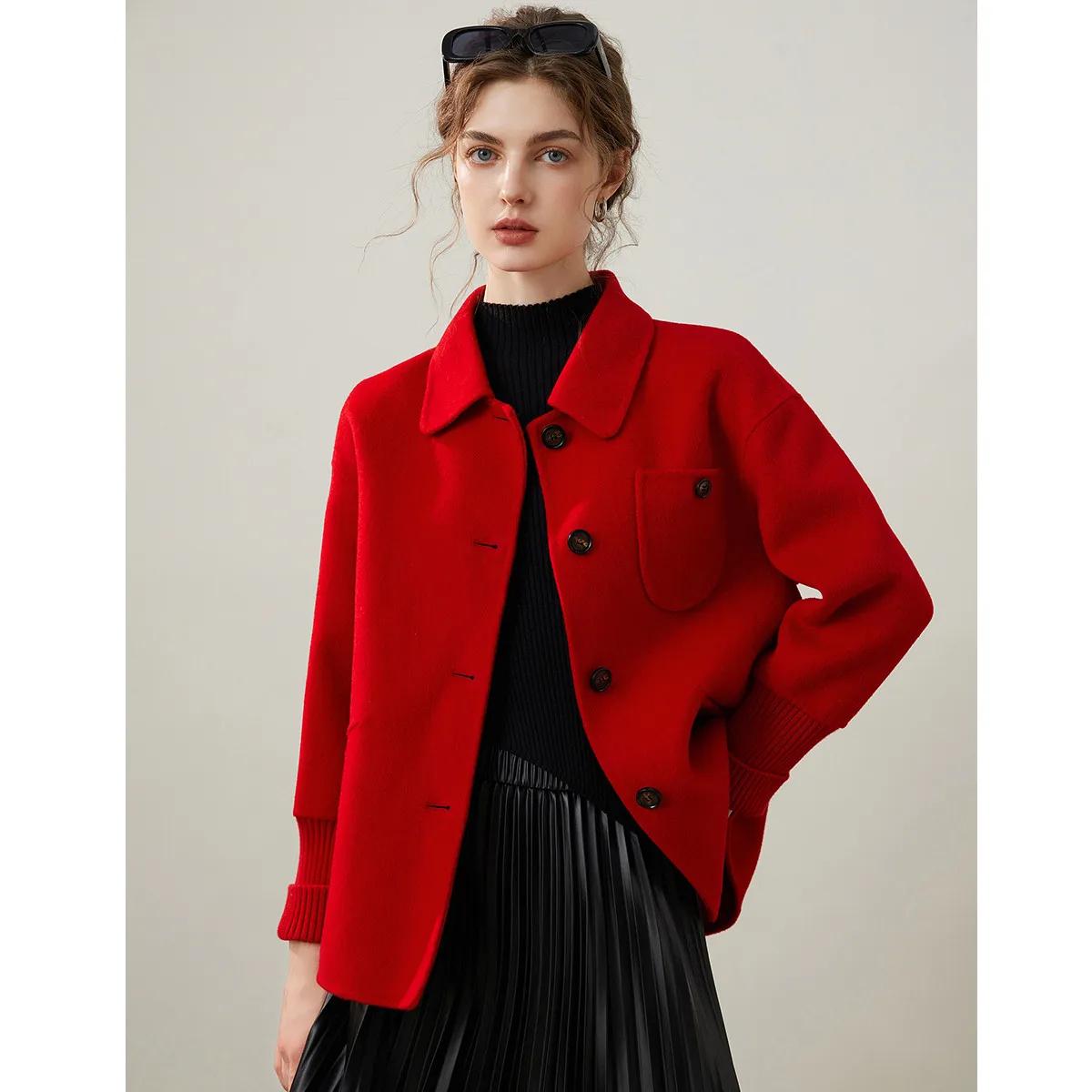 Modiis Yao-Manteau en laine double face pour femme, manteau en laine à manches longues, revers à la
