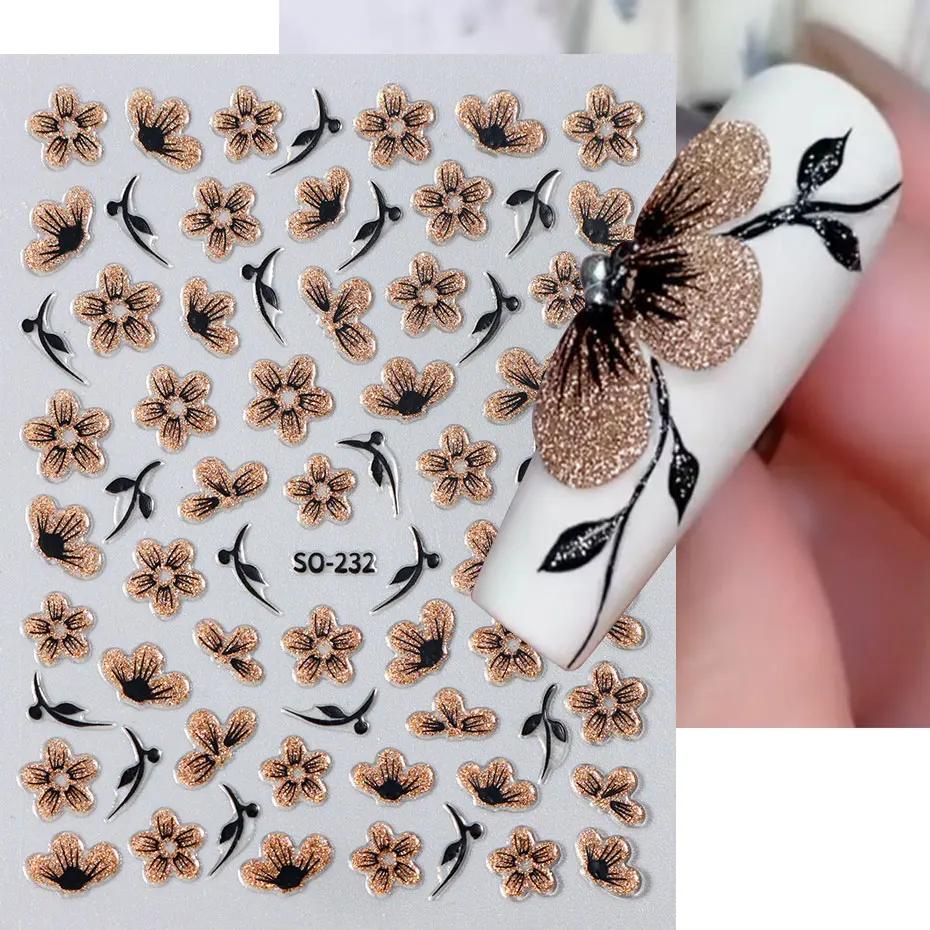 Autocollant 3D pour ongles, 2 pièces, noir, or, paillettes, fleur, pétales brillants, feuilles, Nail