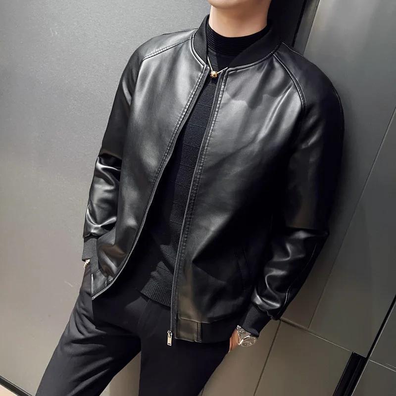 Nouvelle veste en similicuir pour homme, style motard, col montant, fermeture éclair, coupe ajustée,