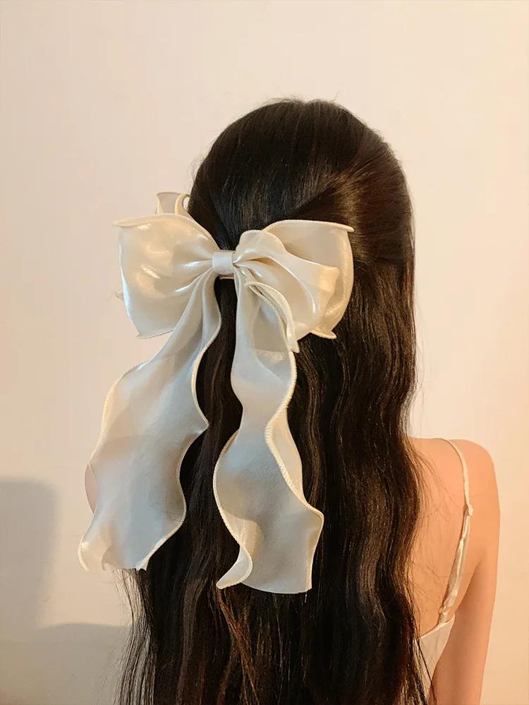 Pinces à cheveux en ruban flottant avec nœud en Organza noir pour femmes, coiffure française, grande