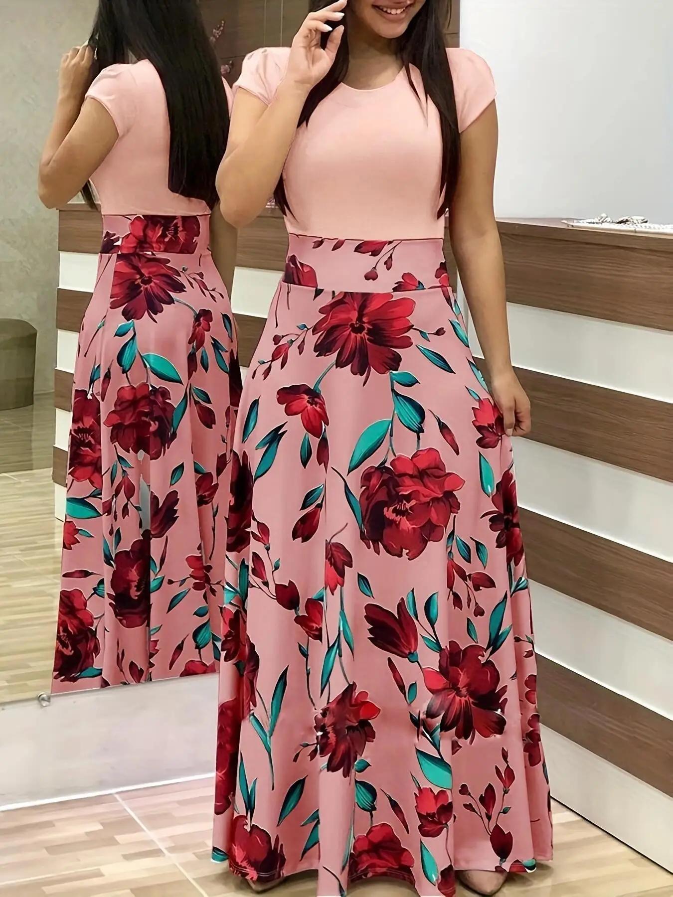 Robe à manches courtes pour femmes, style européen et américain, imprimé floral, couleur assortie, g
