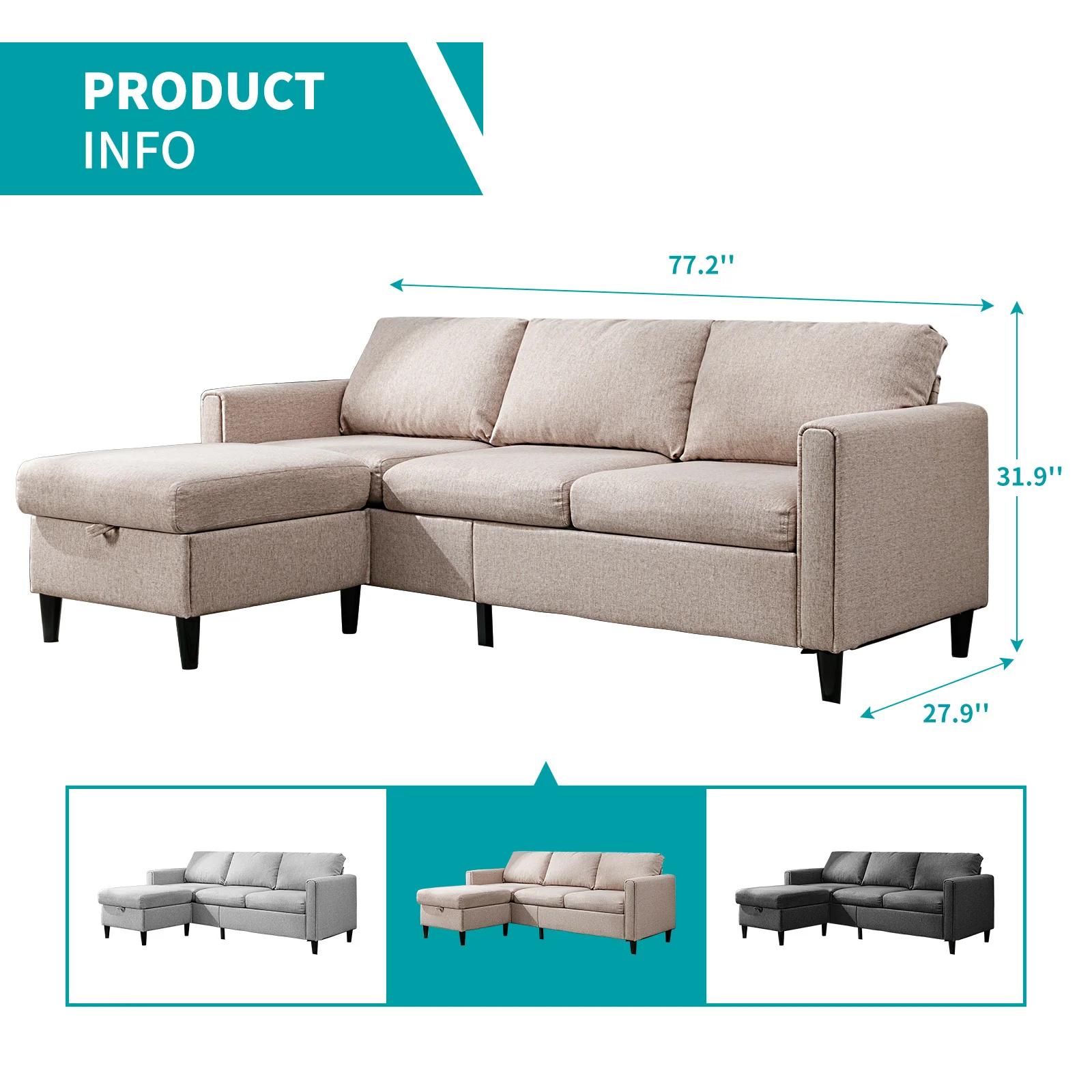 HORGgland-Canapé 3 places en tissu de lin croisé, canapé sectionnel de 78 po avec rangements amovibl