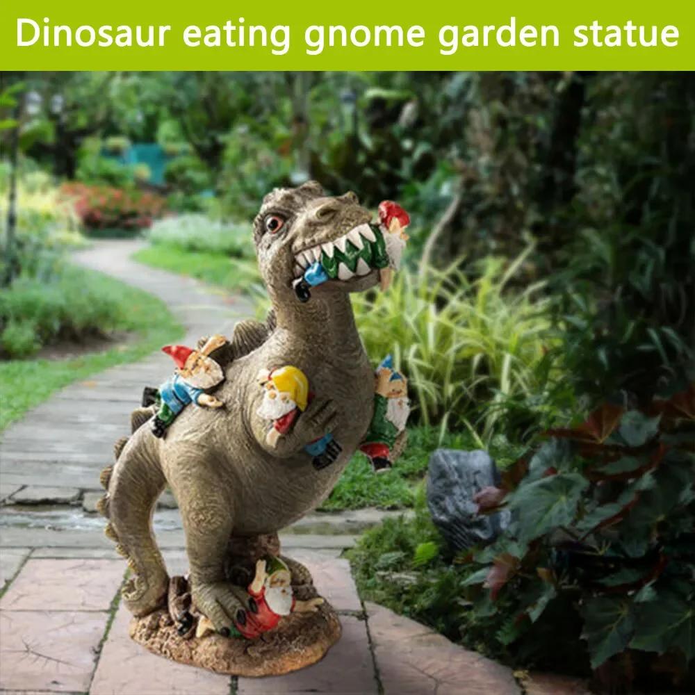 Statue de dinosaure mangeant un gnome drôle, art de la cour, artisanat en résine, décor de jardin à