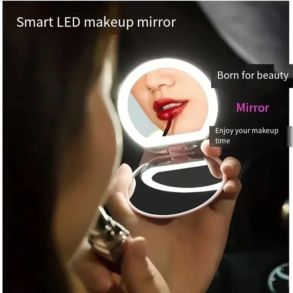 Miroir compact avec lumière, miroir de poche LED grossissant 1X/3X avec câble de données USB, mini m