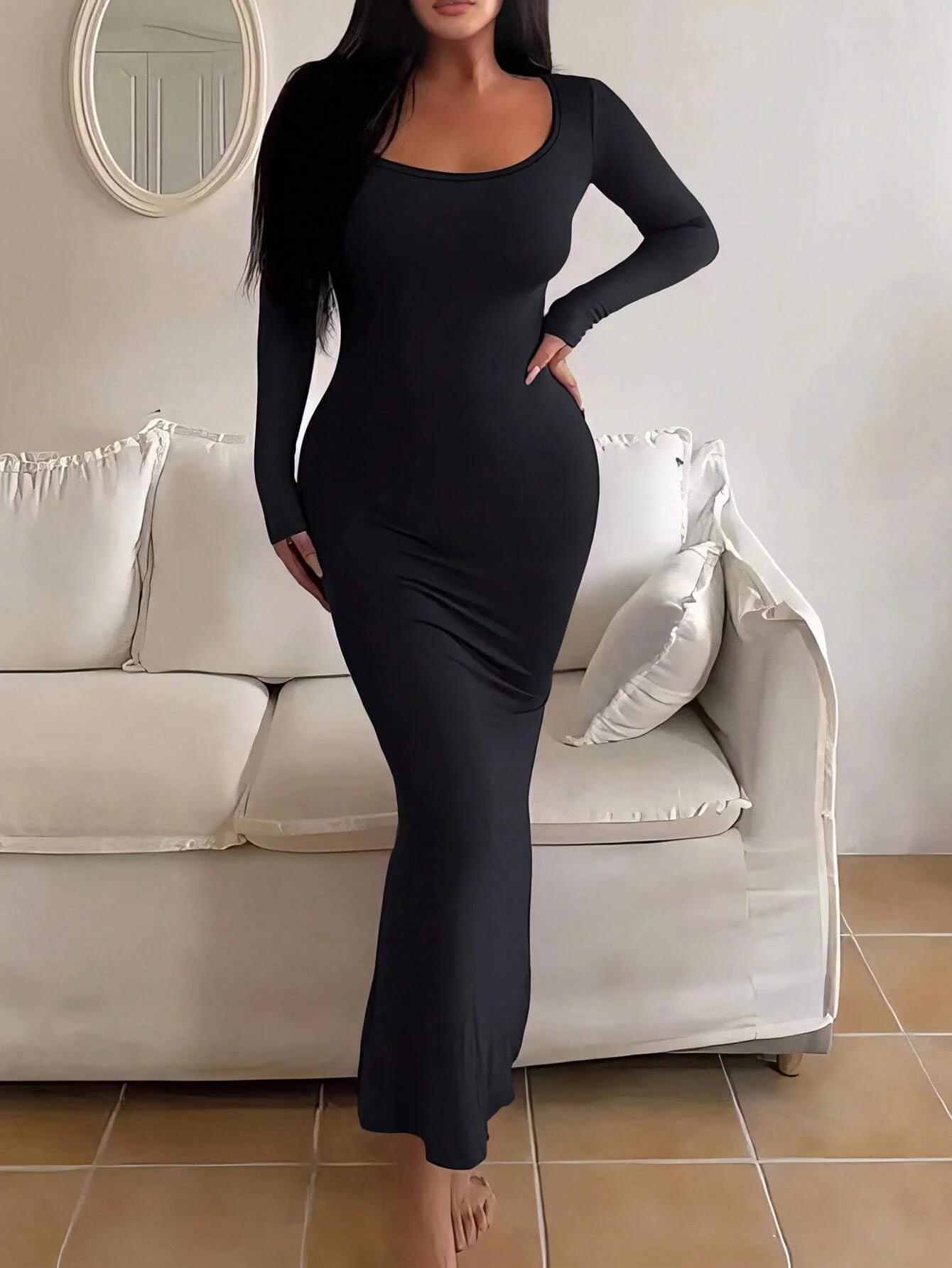 Robe moulante à manches longues pour femmes, robe longue Chic basique minimaliste décontractée à la