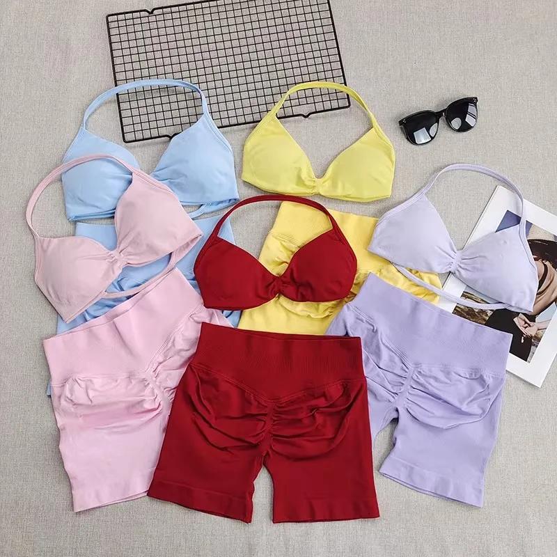 Ensemble de yoga deux pièces sans couture pour femme : soutien-gorge de sport push-up à col halter e