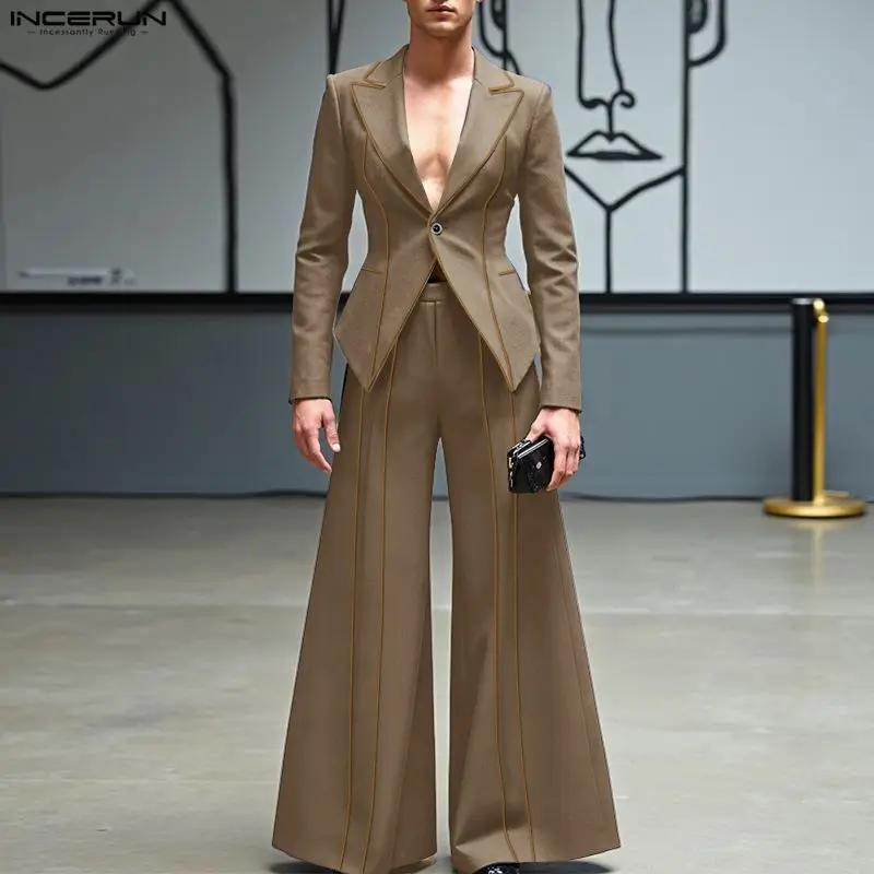 INCERUN hommes ensembles Patchwork élégant à manches longues Blazer et pantalon à jambes larges deux