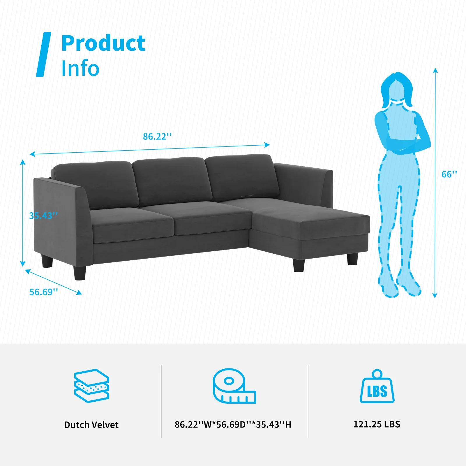 HORGgland-Canapé convertible en forme de L avec chaise réversible, canapé 3 places, O, 87 po