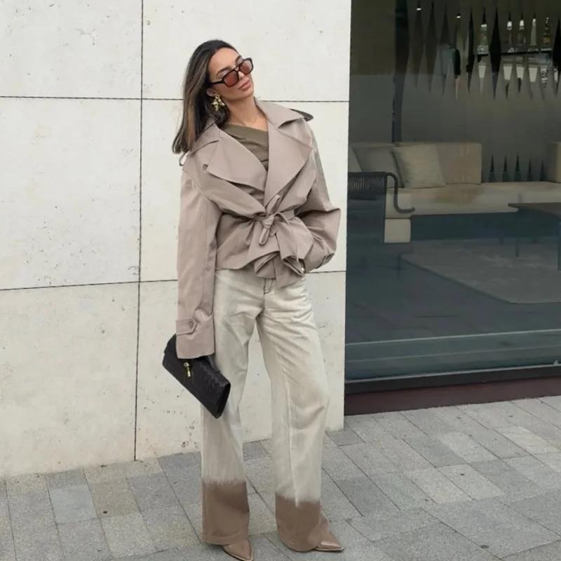 Manteau trench pour femme à col revers et col en V, manches longues, coupe ajustée, avec ceinture, c
