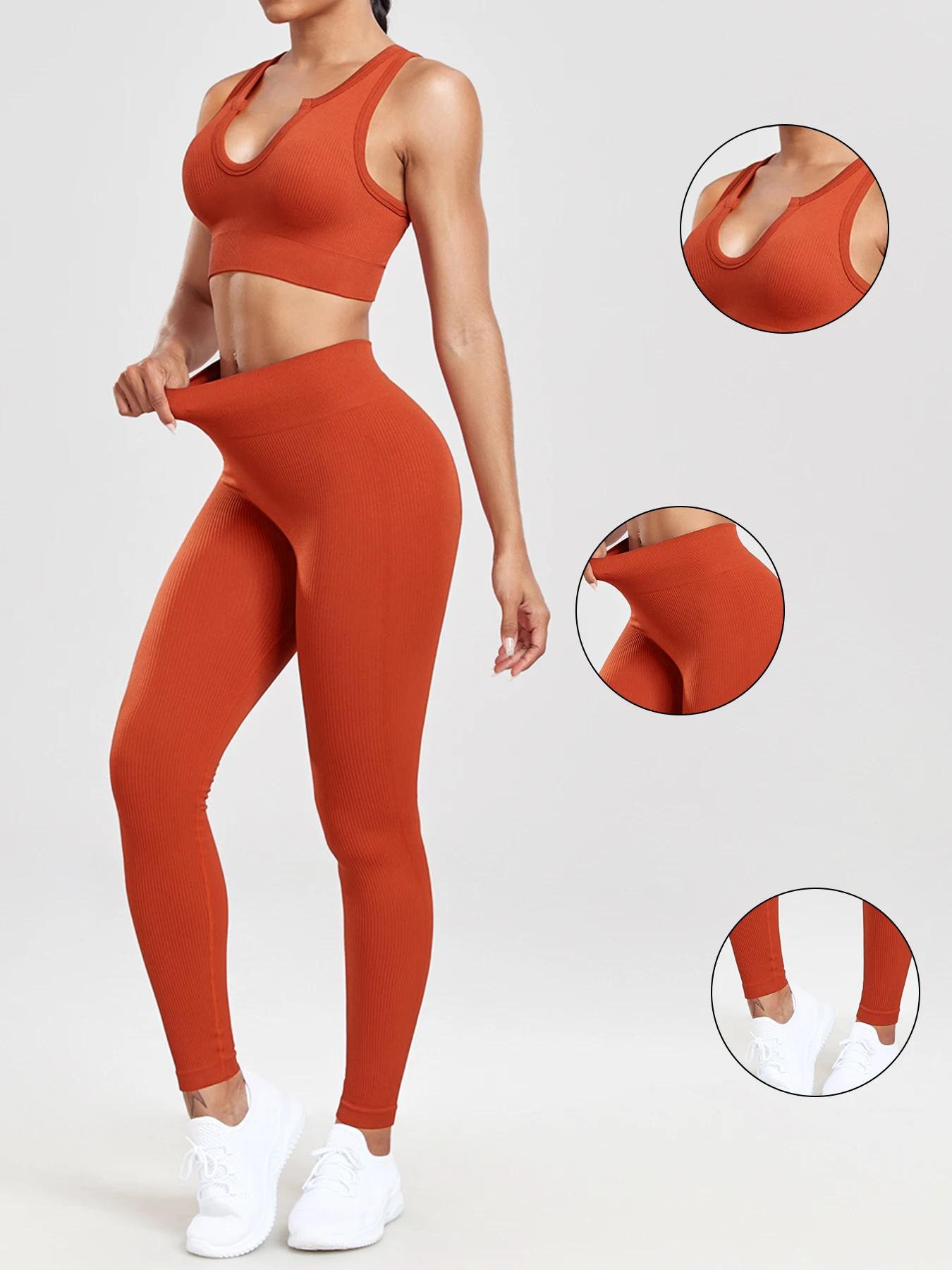 Tenue d'entraînement 2 pièces côtelée sans coutures femme - Ensemble yoga confortable leggings et débardeur